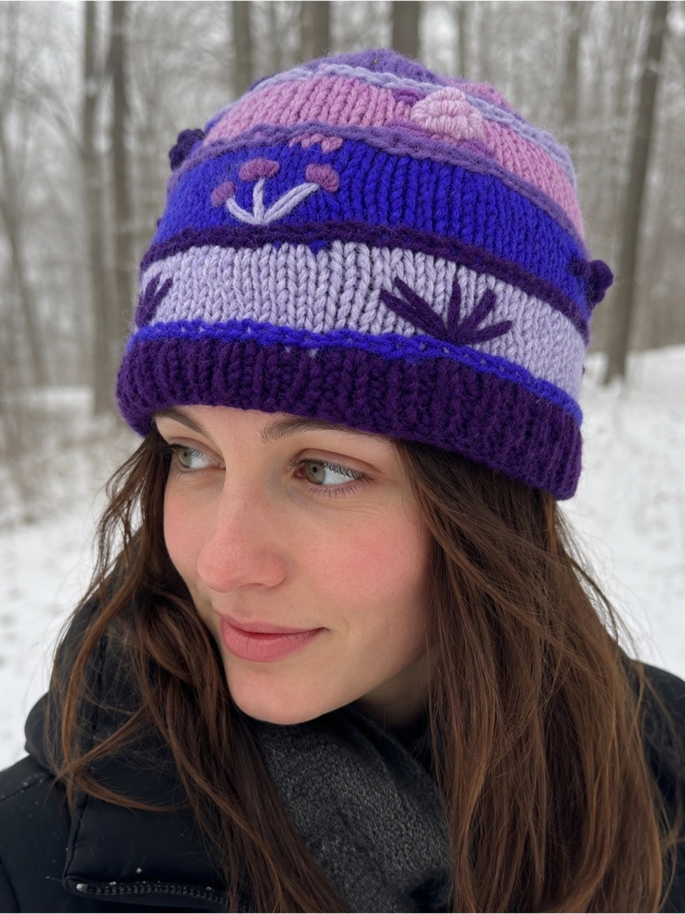 Handmade in Nepal Purple Pink Blue Floral‎ 100% Wool Knit Beanie Hat